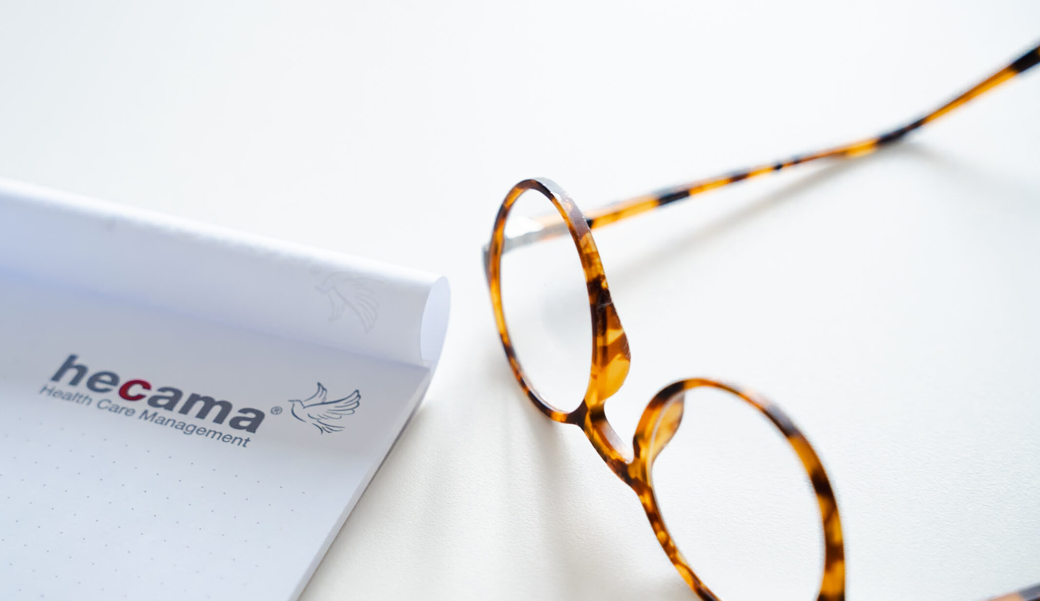 Brille neben einem Blick auf dem das Logo hecama steht.